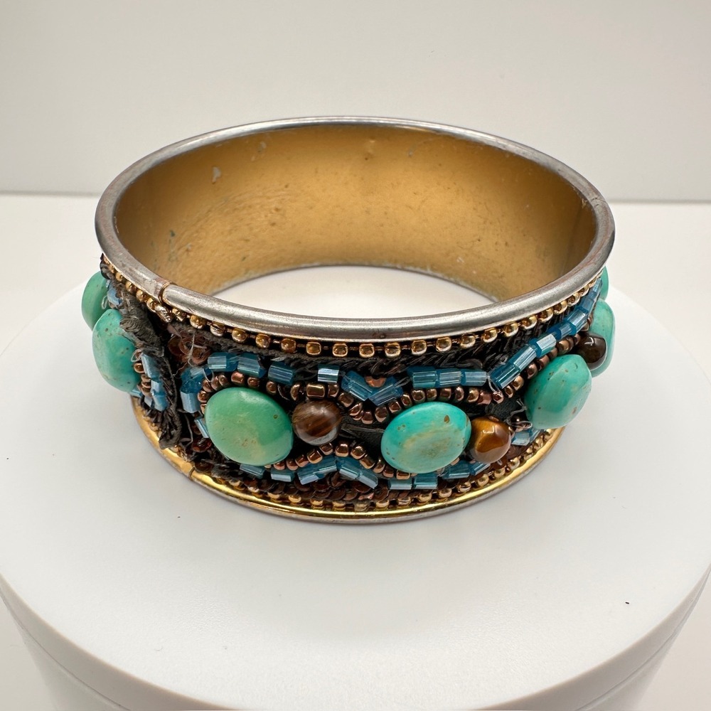 Vintage 90s Mixed Media Bangle Bracelet Turquoise Tiger Eye Glass Beaded Boho